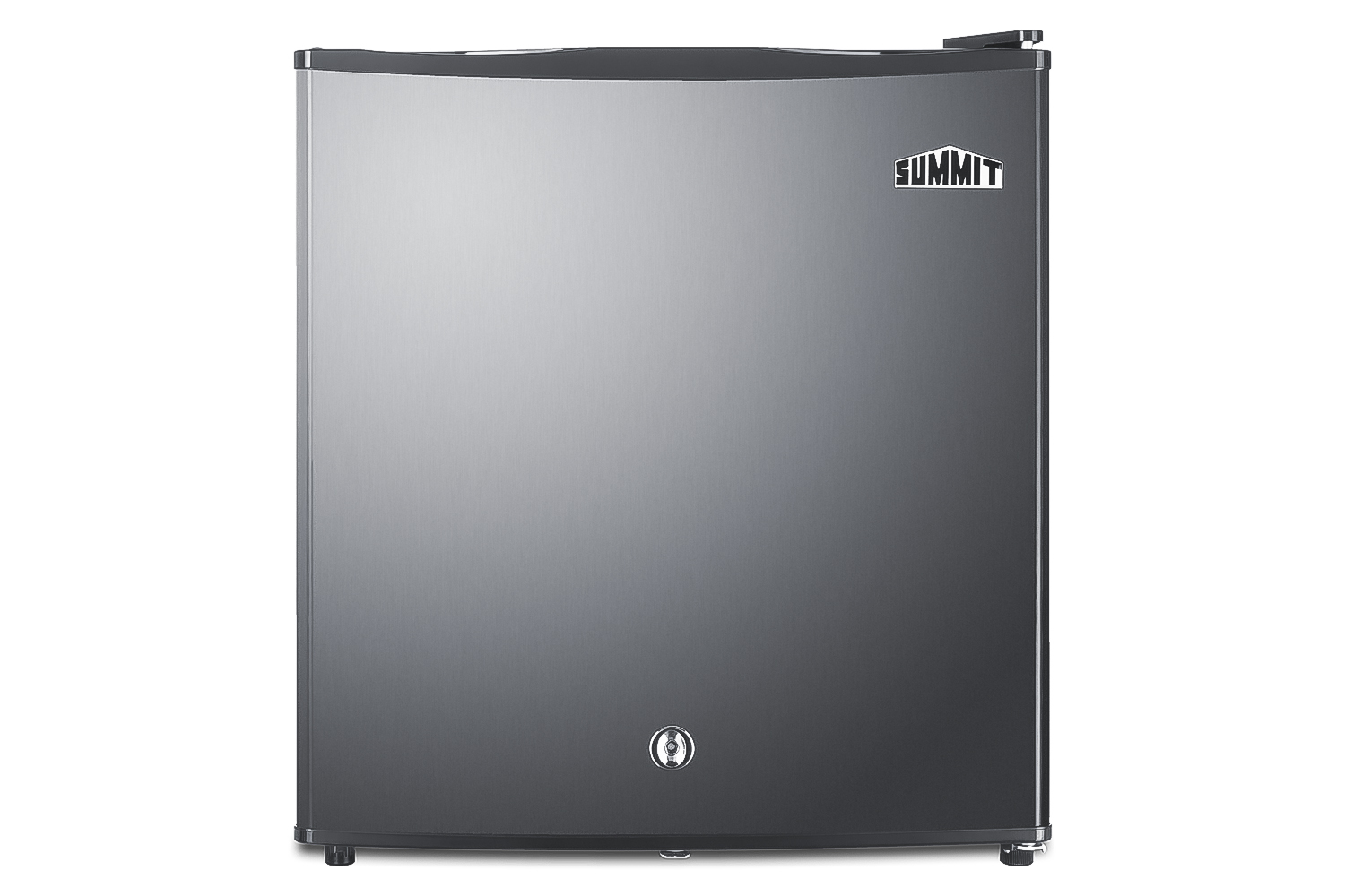 Compact minibar with reversible stainless steel door, front lock, and black cabinet